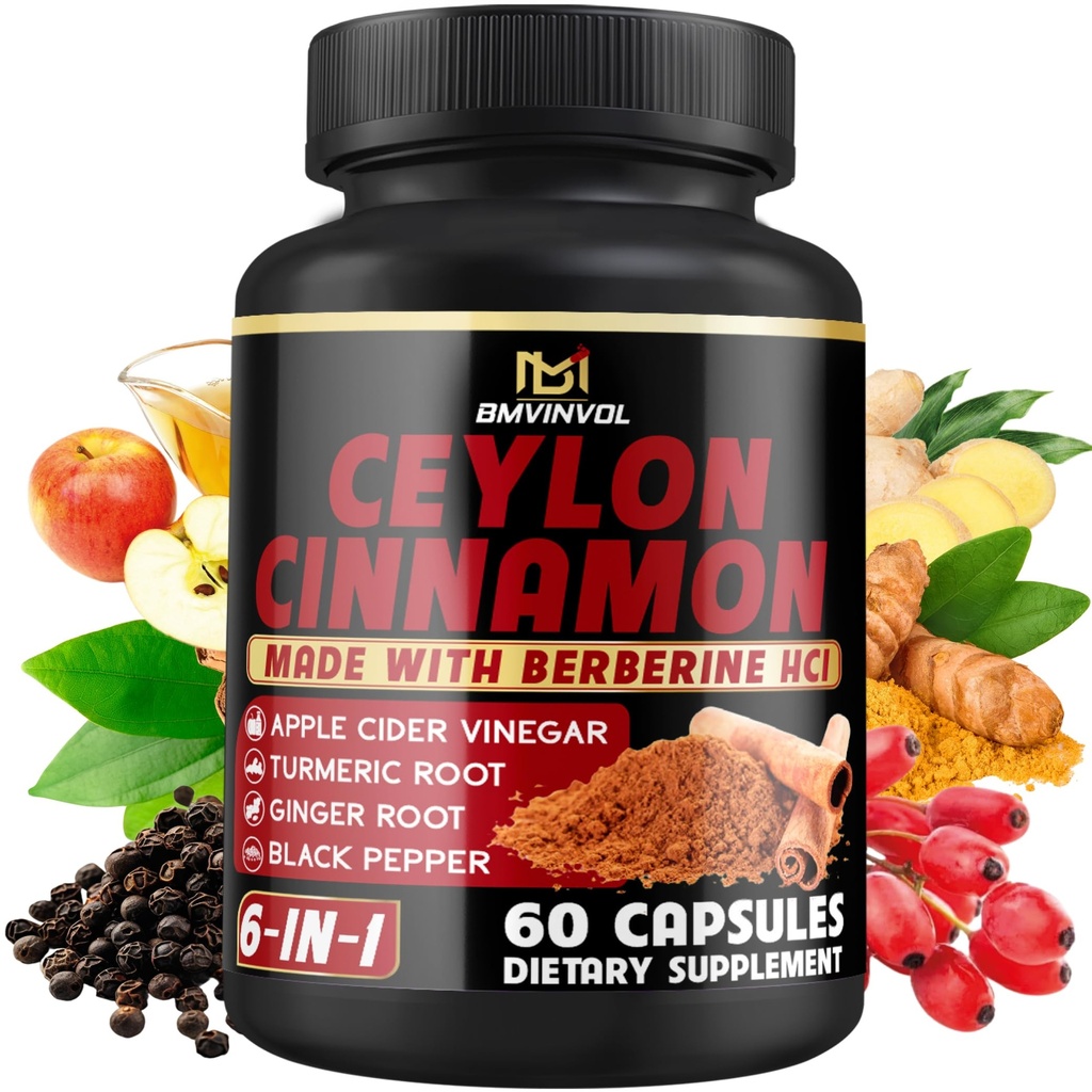 Ceylon Cinnamon Capsules with Berberine HCl, Apple Cider Vinegar, Turmeric, Ginseng, Black Pepper - 6in1 支持免疫函数 - 60 计数