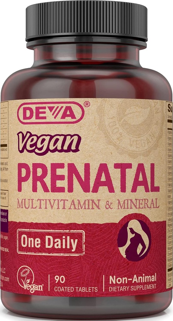 Deva Vegan 产前多维素和矿物补充剂 - 一次性配方 - 维生素A、C、D、E、K、B 复合体,配有福拉特和切莱德铁 - 90个加合板,1-Pack