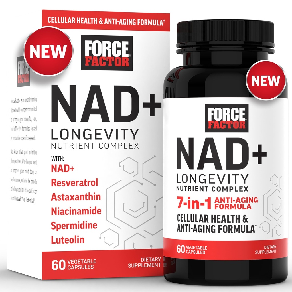 FORCE FACTOR NAD+(NMN或Nicotinamide Riboside替代品),配有Resveratrol, Astaxanthin, Spermidine & Luteolin 复合体, 支持细胞健康与健康老龄化的NAD, 60 Capsules