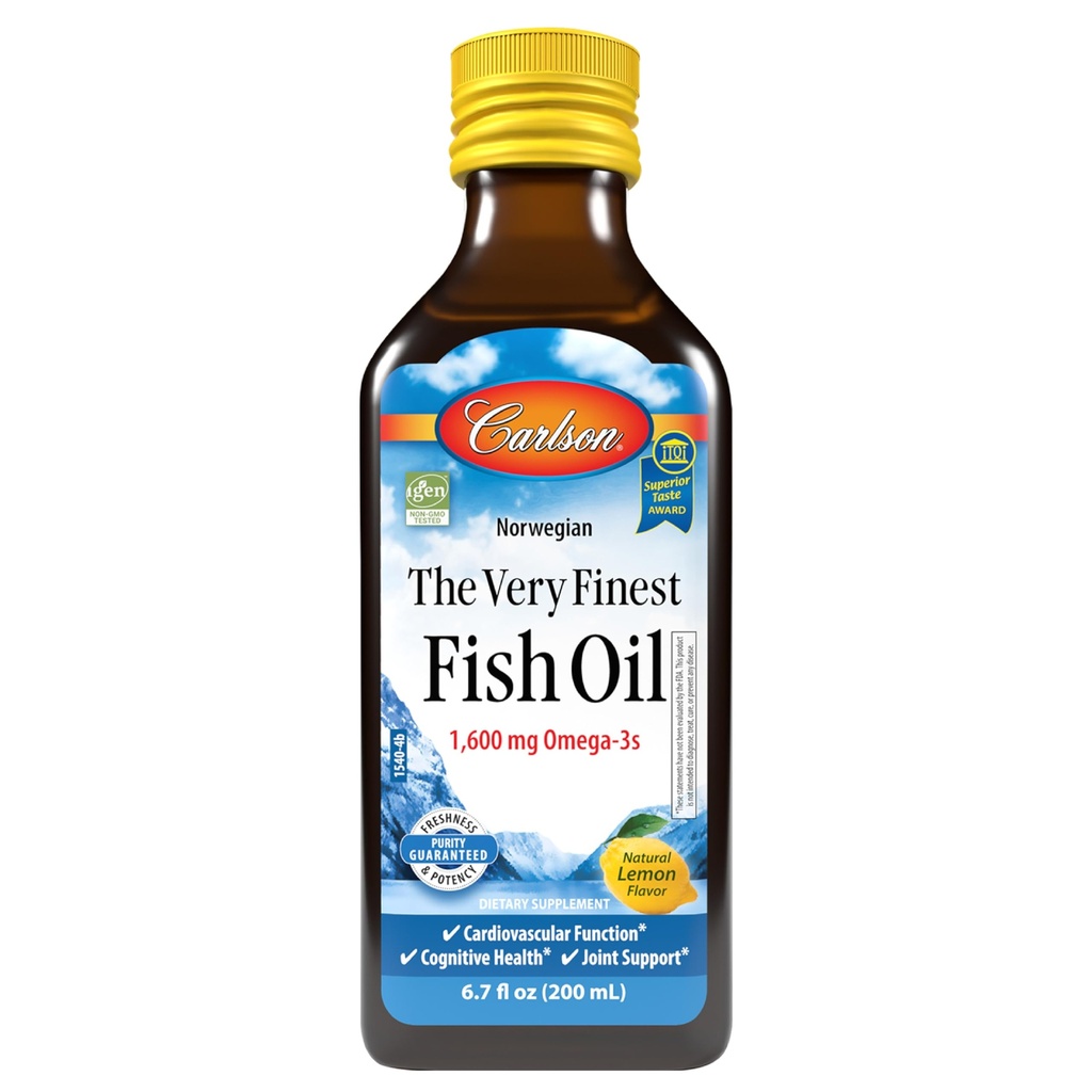 Carlson - The Very Fish Oil, 1600 mg Omega-3s,液态鱼油补充剂,挪威鱼油,野生捕捉,可持续来源的鱼油液体,柠檬,200ml, 6.7 Fl Ozz