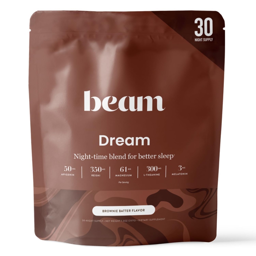 Beam Dream Sleep Powder — Melatonin, Magnesium, L- Theanine, Reishi Mushroom & Apigenin Sleep Suppless, Sleepy Cocoa Bedtime Drink Mix, Brownie Batter Flavor, 30位服务员的成人睡眠援助