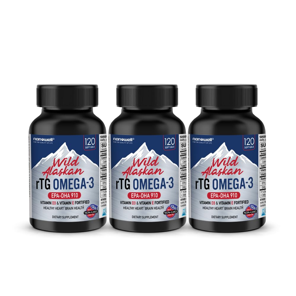 NANOWEL 野生阿拉斯加 rTG Omega-3 鱼油 1196mg - EPA,DHA,维生素D3 & E - 120 Softgel x 3瓶(360个计数)