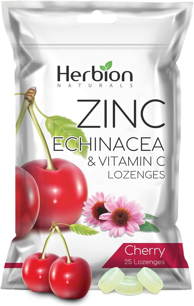 HERBION Naturals Zinc, Echinacea & Vitamin C Lozenges 25 CT,成人和儿童的膳食补助5+,促进整个家庭的健康,25 Counter, Cherry, Pack of 1