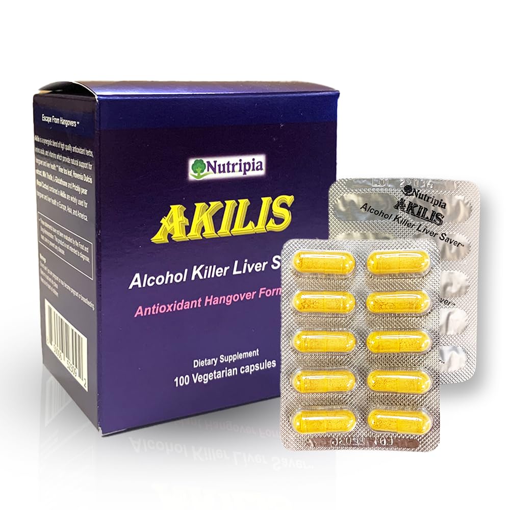 Akilis Antioxidant Liver 支持药丸(100 Vegi Caps, 33 Doses) – 饮酒后的靴子恢复,与Hovenia Dulcis, Milk Thetle, Glutathione 和 16 Infedients 一起解毒和修复