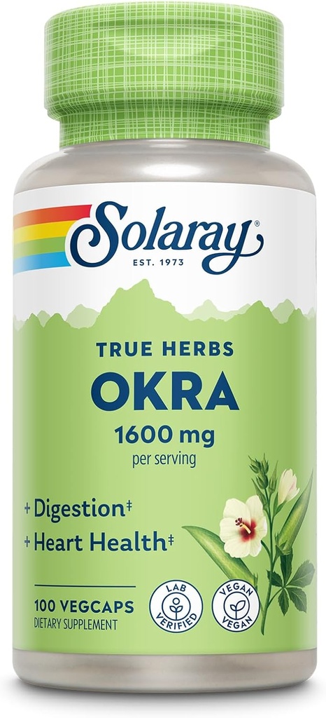 SOLARAY OKRA水果 1600 mg - 健康支持的高纤维补充剂 - 富含可溶性纤维的来源 - 平均6.4 g Fresh Okra per service, Vegan, 60-日保障 - 25 service, 100 Veg Caps