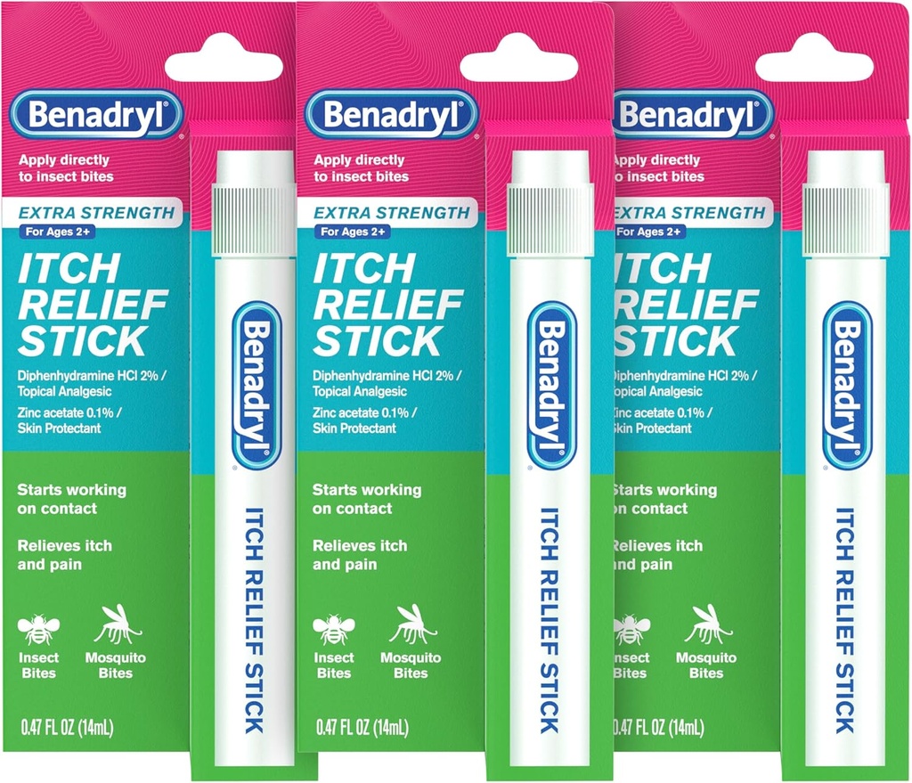Benadryl Extra strong 抗痒救济棒 Bug Bite Itch Relief, 二酚胺 HCl 主题性镇痛剂 & 锌乙酸盐皮肤保护剂, 对露营基本要求大, 0.47 fl oz (Pack of 3)