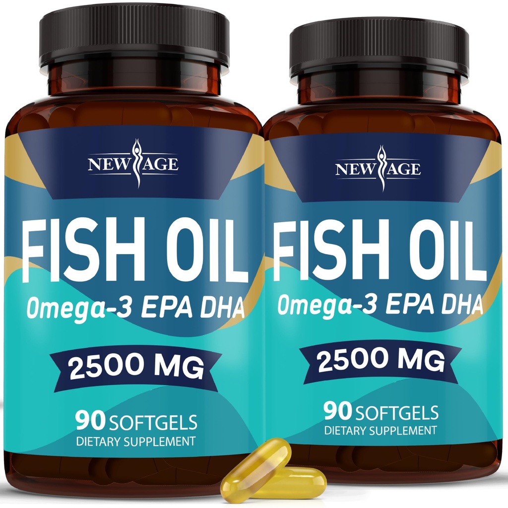 新AGE Omega 3 鱼油 2500mg 补充非转基因生物 - EPA,DHA Fatty Acids Gluten Free (180 Softgels (Pack of 2))