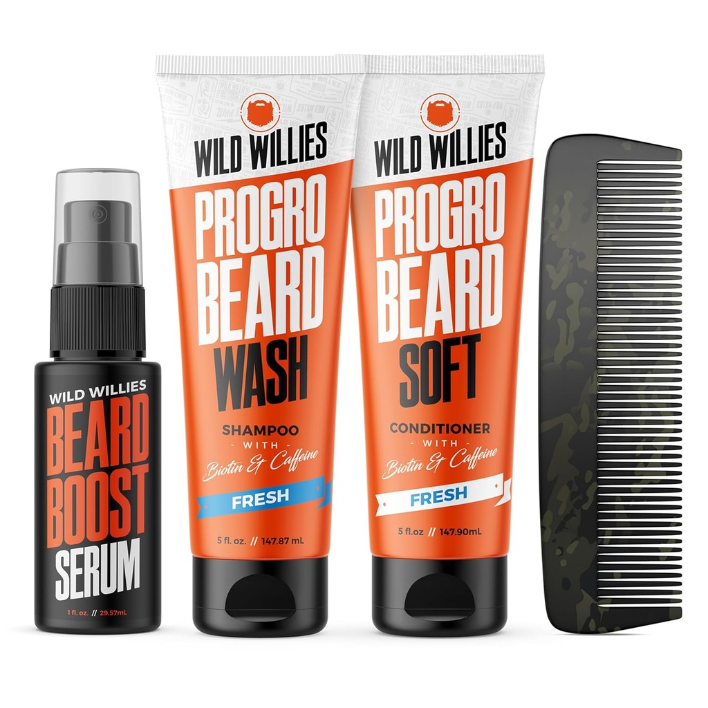 Wild Willis Beard Care Kit, Biotin Forized Shampoo 和配有咖啡因的适配器,两瓶4-Oz瓶,促进健康胡子生长