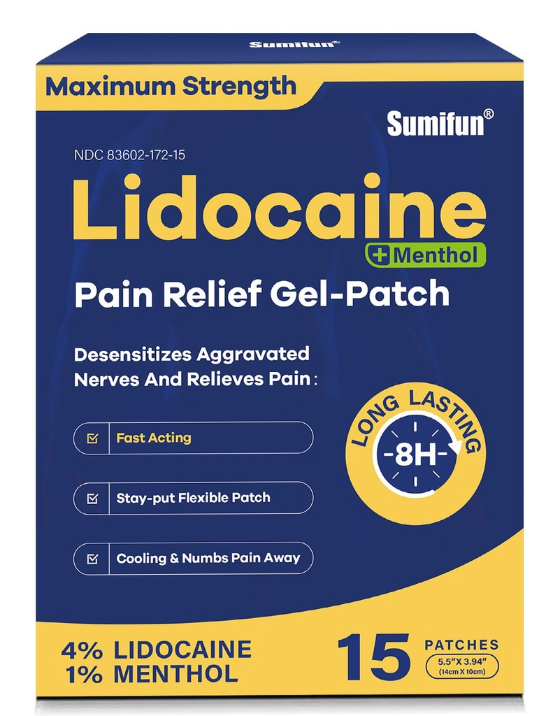 Sumifun 4% Lidocaine 补丁+ 1% Menthol - 15 个最大强度的 OTC 止痛补丁