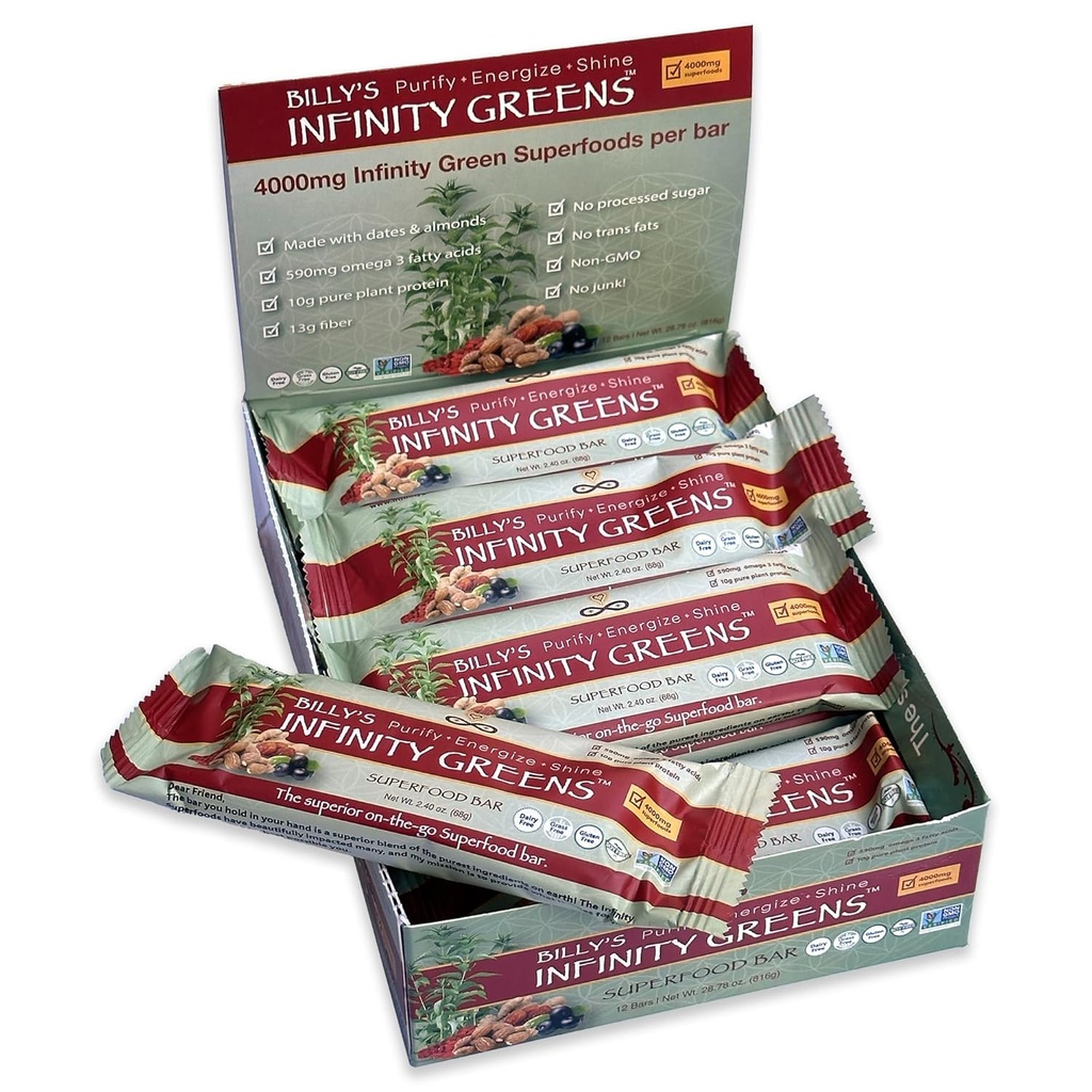 Infinity Greens 超级食品条,植物基餐替换条,配有4000mg Infinity Greens 超级食品粉,有机,Raw,Gluten Free,非转基因生物(12条)