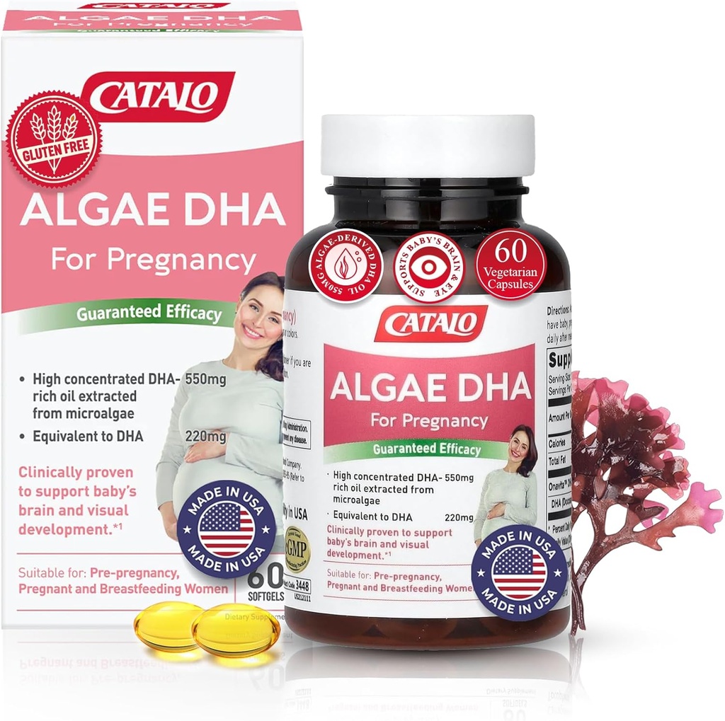 CATALO Omega 3 女性藻类DHA -- -- 来自微藻的550mg DHA-Rich油、产前、怀孕和母乳喂养的理想、蔬菜软胶、无糖胶 -- -- 60软胶