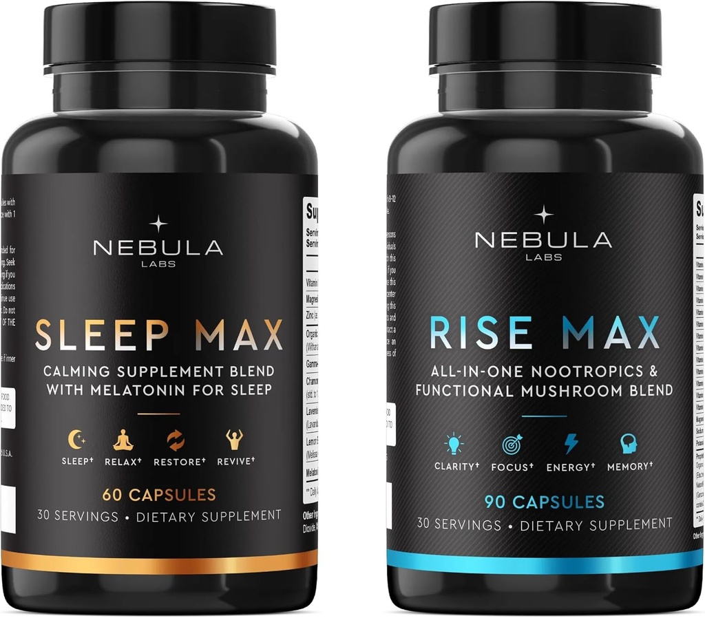 畅销书 Sleep MAX & Rise MAX 专业 Bundle All-in-One Premium Nootropoctics & 功能性蘑菇 混合和平静 混合睡眠