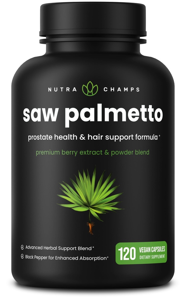 NutraChamps Saw Palmetto 前列腺健康补充[外强] 600mg 复合体,带有抽取,Berry粉末和草药 - 支持健康尿液频率,120 Capsules