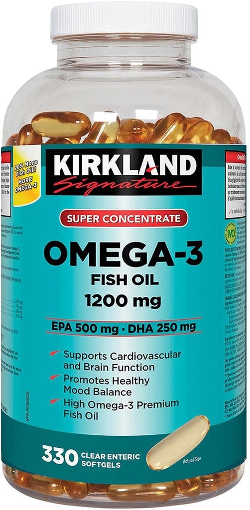 Kirkland Signments Super Community Omega-3 Fish Oil 1200mg, EPA 500/DHA 250mg, 330 Clear 肠状软胶
