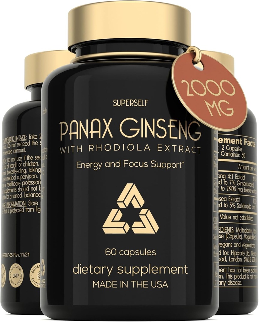 Panax Ginseng 和 Rhodiola Rosea 2000mg - 韩国 Ginseng 高强度 60 Capsules - 男女草药补充剂 - 与 Ginseng 根提取物的能源复合体 标准化 7% Ginsenosides - 美国制造