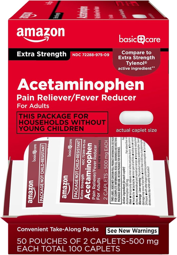   Basic Care - Extra Strength Acetaminophen Caplet 500 mg, 100 Count ( 50 pouches of 2 caplets )