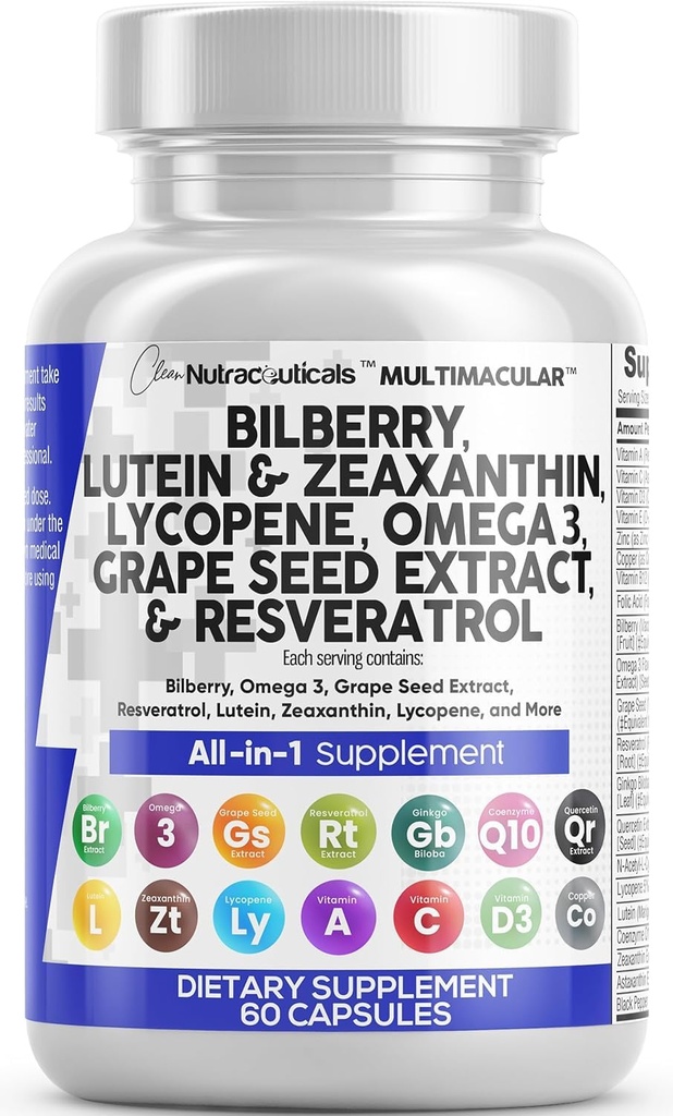 配有Bilberry Lutein和Zeaxanthin的清洁努特拉眼维生素补充剂Lycopene 40mg Resveratrol Grape种子-眼科保健支持眼维生素和矿物补充剂