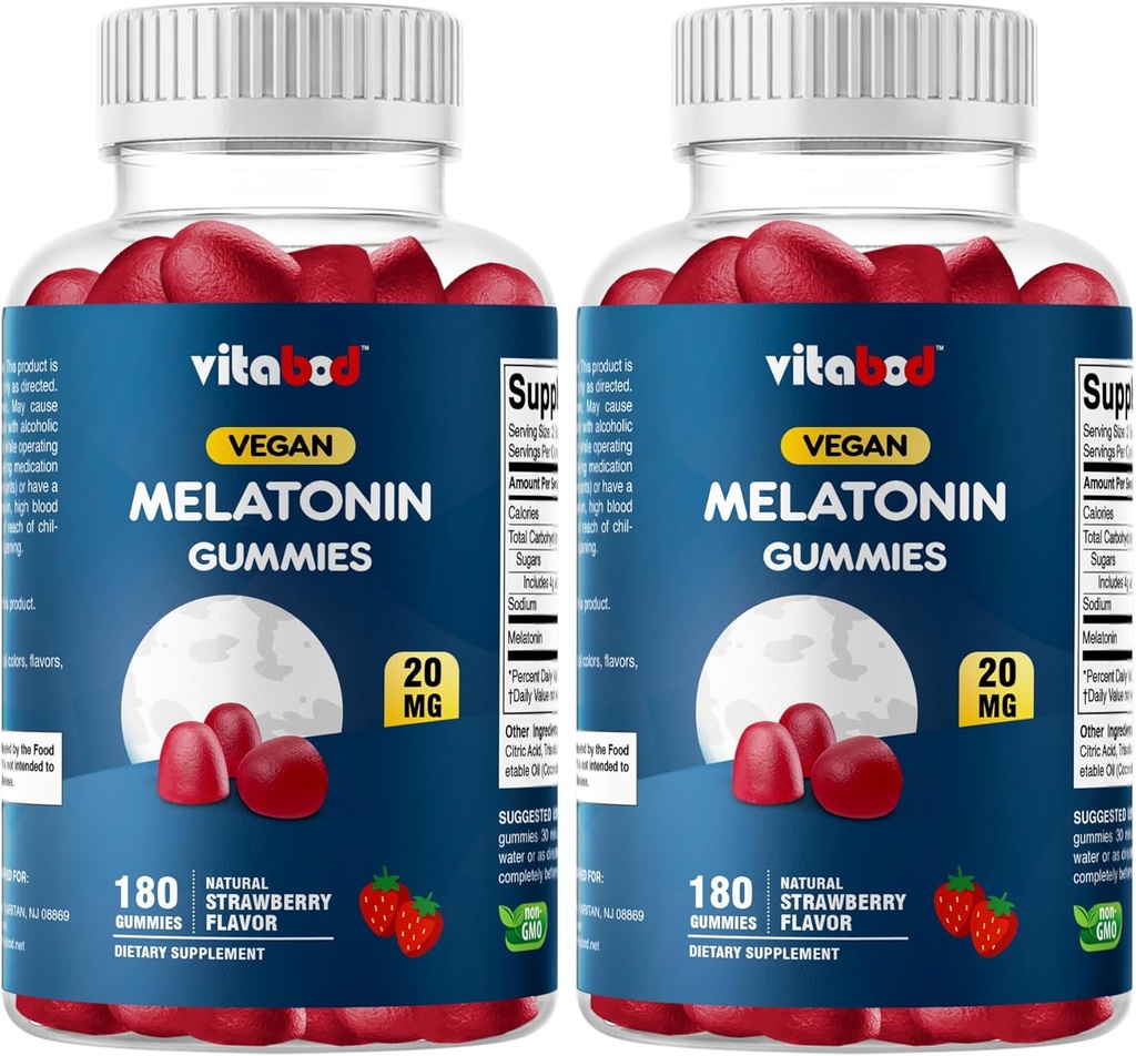 Melatonin 20 mg Gummys - 180 counter - 药物无毒 - 天然草莓 Flavor - 蔬菜,非GMO,Gluten Free(2瓶)