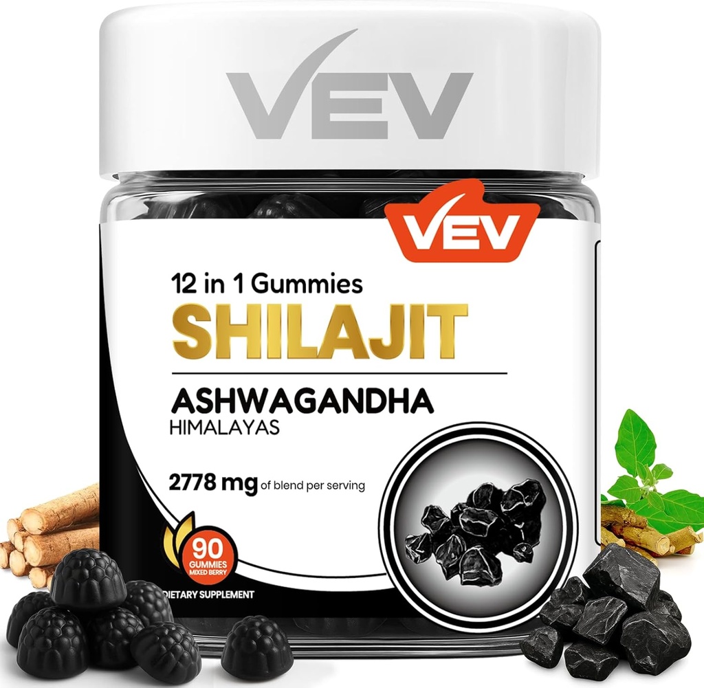 VEV Shilajit Gummys for Men and Women = 1000 mg Shilajit & Ashwagandha Gummys with Sea Moss & L-Thenine for Energy, Vegan, no Added Sugar = 90 每日健康统计