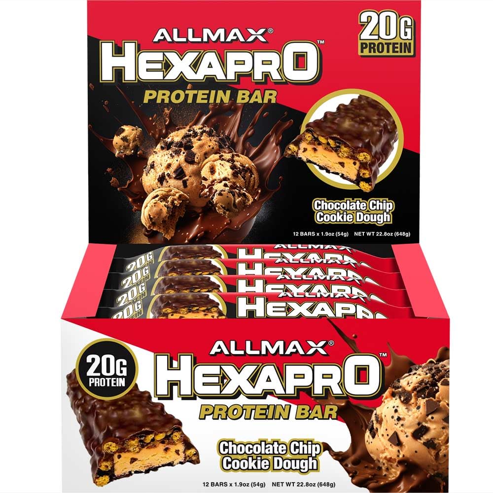 AllMAX HEXAPRO PROTEIN BAR,巧克力芯片 Cookie Dough - 包 12 - 高蛋白能量 Snack - 20克蛋白质 Per Bar - 与Whey蛋白质隔离