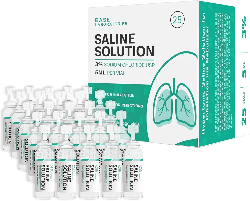 BASE LABORATORIES 3% 汽油机的盐溶液 → 吸入和鼻灌溉的盐溶液 → 高浓度 3% 浓度 l 25 Vials 5ml 单位剂量