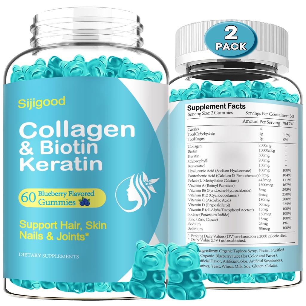 2 Pack Biotin Gummys 配有Collagen, Keratin, Hyaluronic Acid, 皮革维生素, 头发生长, 钉子, 成年女性- 蓝莓火焰, 120 Gummys