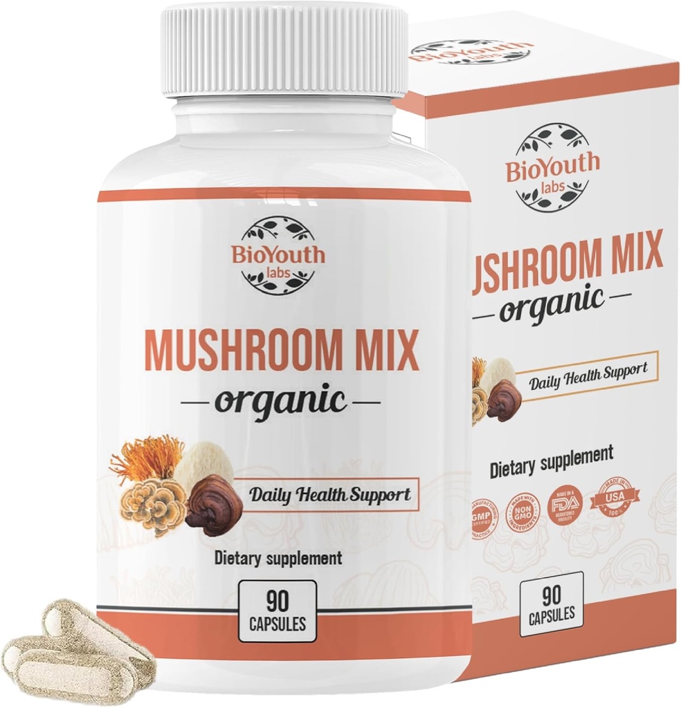 有机混合蘑菇 Capsules 自然补充 | Cordyceps Sinensis, Reishi, Lion's Mane, Turkey Tail | Imune 支持, 维生靴, N-GMO & Allergen-free | 90 Capsules