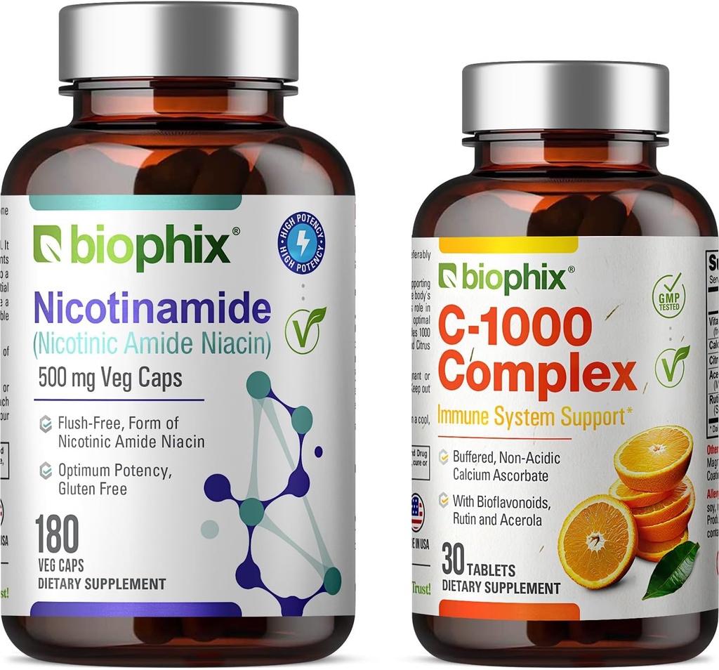 biophix B-3 Nicotinamide 500 mg 180 Vcaps - 免费维生素 C-1000 30 片 - 硝基氨酸 Nicotinic Amide Niacin 天然无氟维生素配方 - 支持皮肤细胞健康