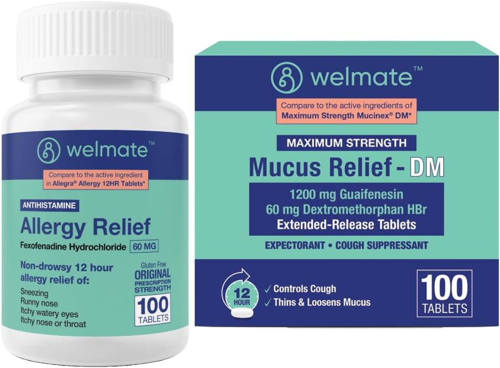 WELMATE 总呼吸卫生包:过敏性减肥Fexofenadine HCl 60mg(100Ct) 12 Hour 非醉心安非他明 + 最大强度 Mucus 减肥 DM 1200mg Guaifenesin & 60mg DXM(100Ct)