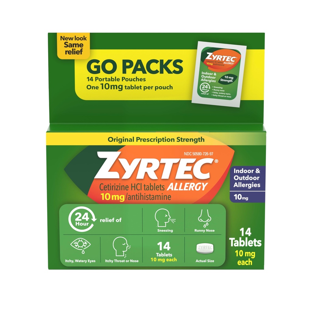Zyrtec 24小时过敏性救治药片、Antihistamine室内和室外抗过敏药+Cetirizine HCl、Runny Nose的救治、喷嚏、和痒眼、单包、14x1厘米包装