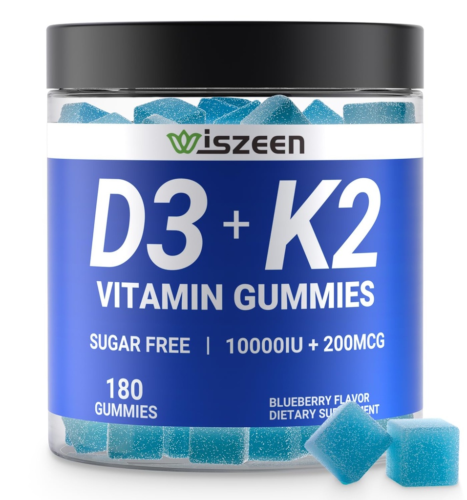 无糖维生素D3 K2 Gummys,维生素D3 1000iu & Vitamin K2(MK7) 200mcg 配以钙,镁,维生素B12 配以Bone Muscle Teeth Immune, Vegan