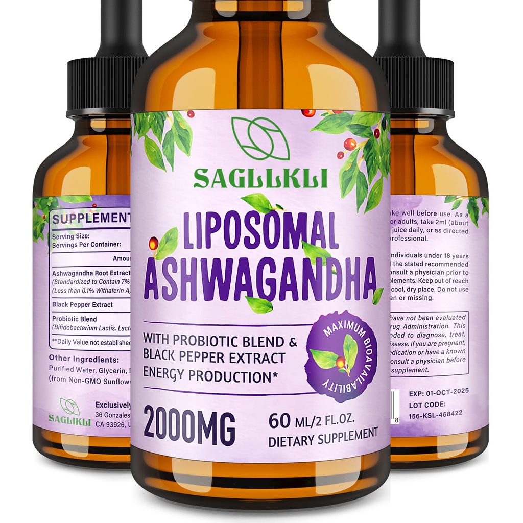 Liposomal Ashwagandha液滴2000mg, Ashwagandha 根提取补充(7% Withanolides),配有黑色胡椒提取剂和用于聚焦、认知和能源的抗生素 -- -- 2 FL.OZ(1瓶)