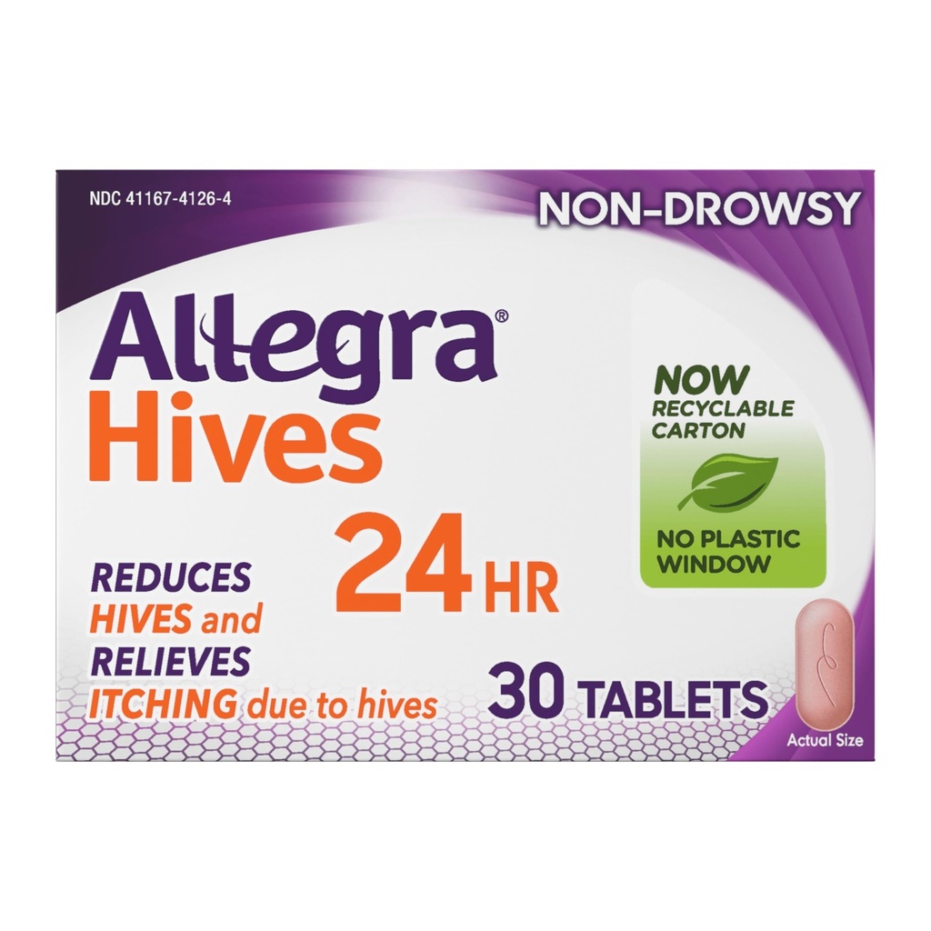 Allegra Hives Antihistamine 24 Hour 药片,非昏睡的蜂巢减量和蜂巢痒减量,180 mg Fexofenadine HCI, 30-Count