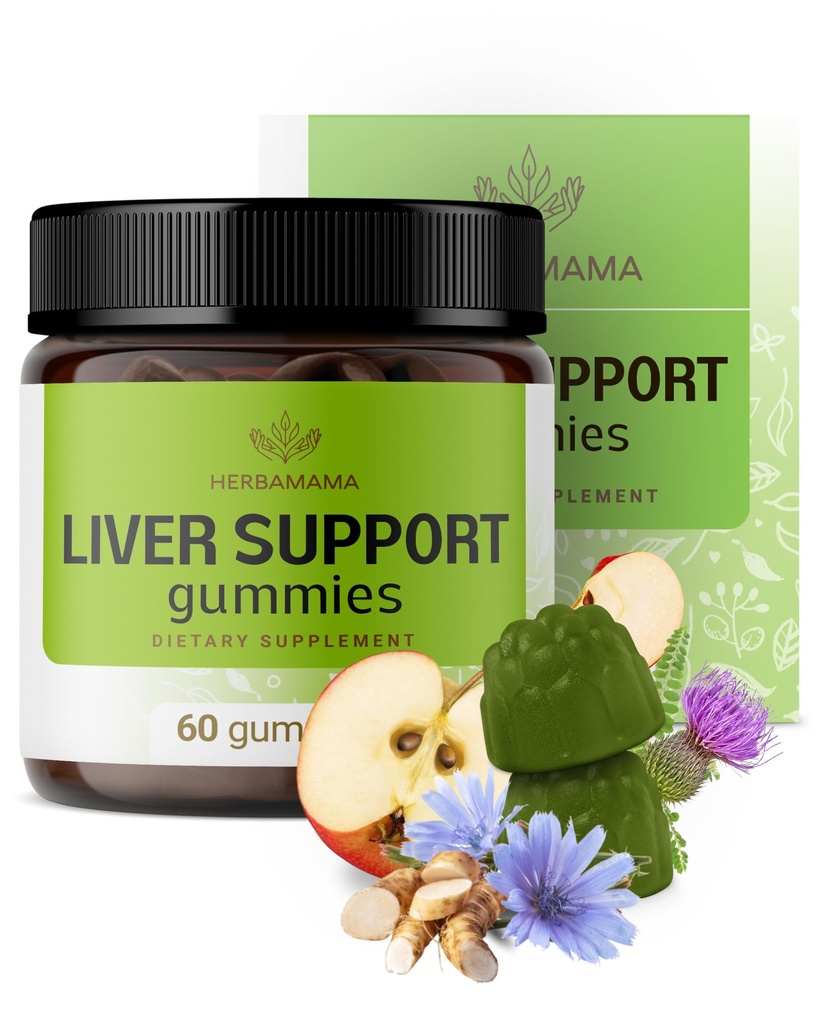 HERBAMAMA Liver Support Gummys - 肝脏解毒和清洁的草药综合体 - Vegan, Non-GMO 总体支持补编 - 60 Pectin-基于苹果味的Chews