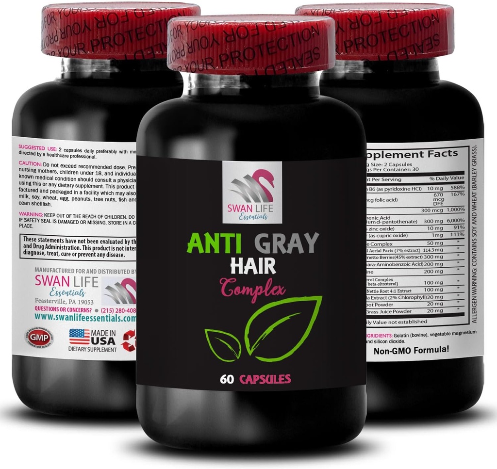 抗灰发丸 - ANTI GRAY Heir COMPLEX - 灰发反转,色彩复兴,发色调,色彩活力增强剂,新鲜色,抗灰发补充剂,发色转化 1瓶60盖