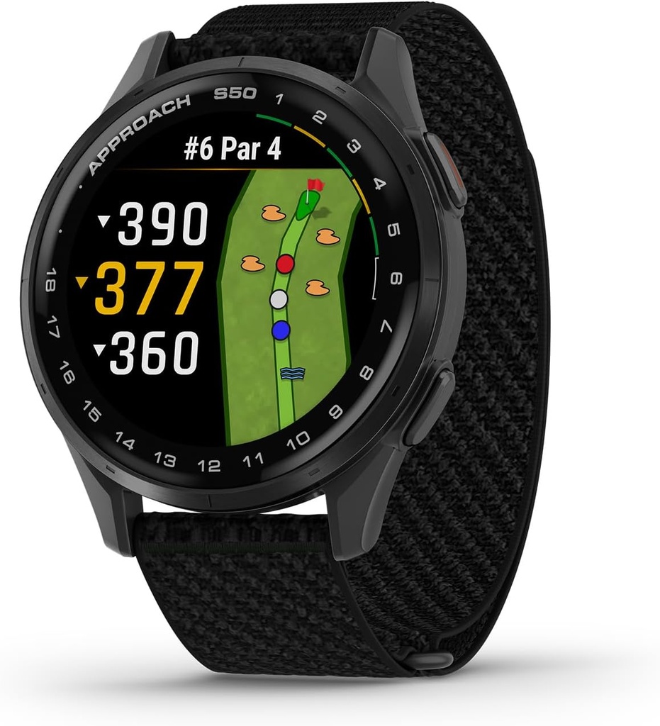 Garmin 方法 S50, 高级高尔夫 GPS Smartwatch, AMOLED 显示器, On-Course 特性, 手动心率, Slate Alumi Bezel 与黑色舒适装配 Nylon 乐队
