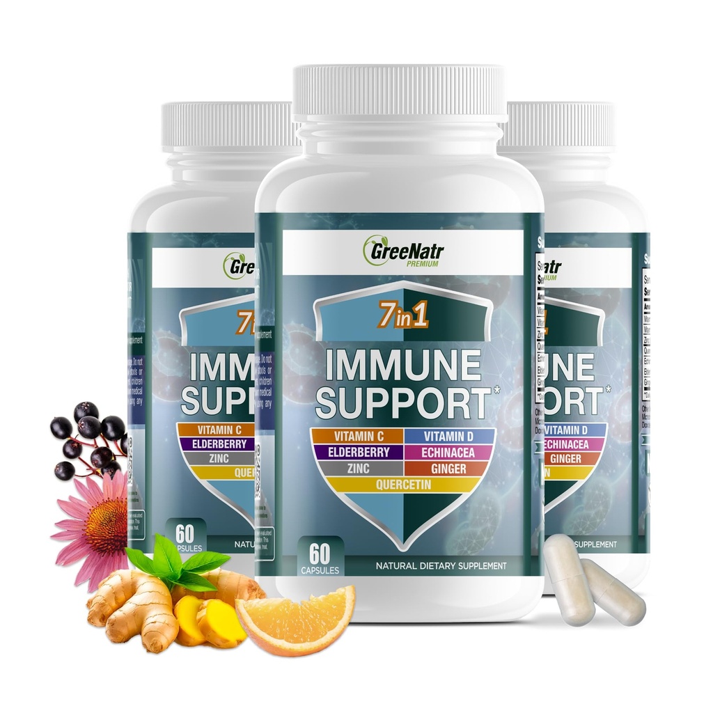 配有维生素C、D3、锌50mg、Quercetin、Echinacea Purpurea、Sambucus 长老会和姜汁完全免疫防御的GreeNatr免疫辅助剂-60 Capsules(3瓶)