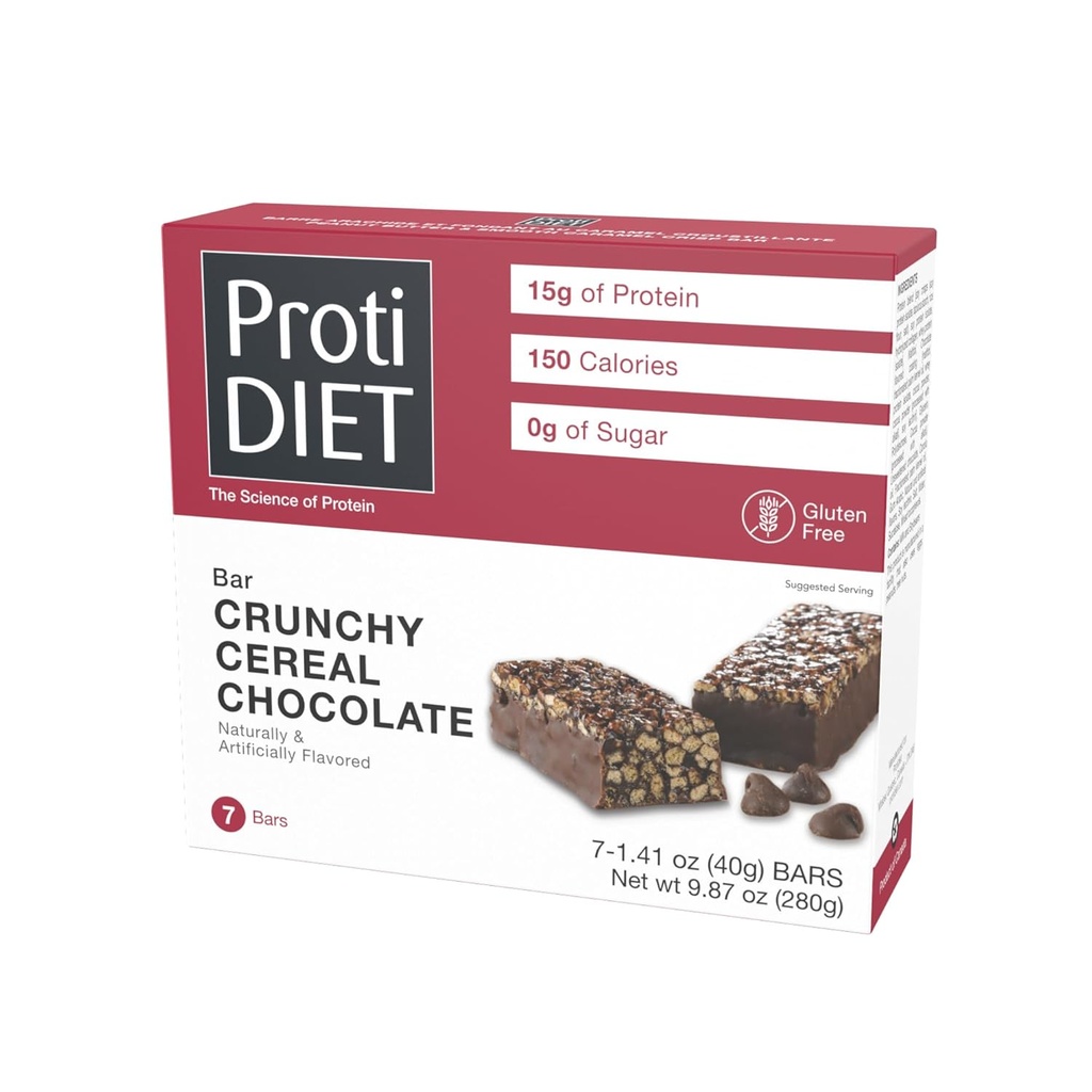 ProtiDIET Gluten Free Crunchy Creal 巧克力纤维蛋白棒 - 高蛋白片 完美上行营养片 支持繁忙活跃的生活方式 - 7 蛋白棒 Per Box