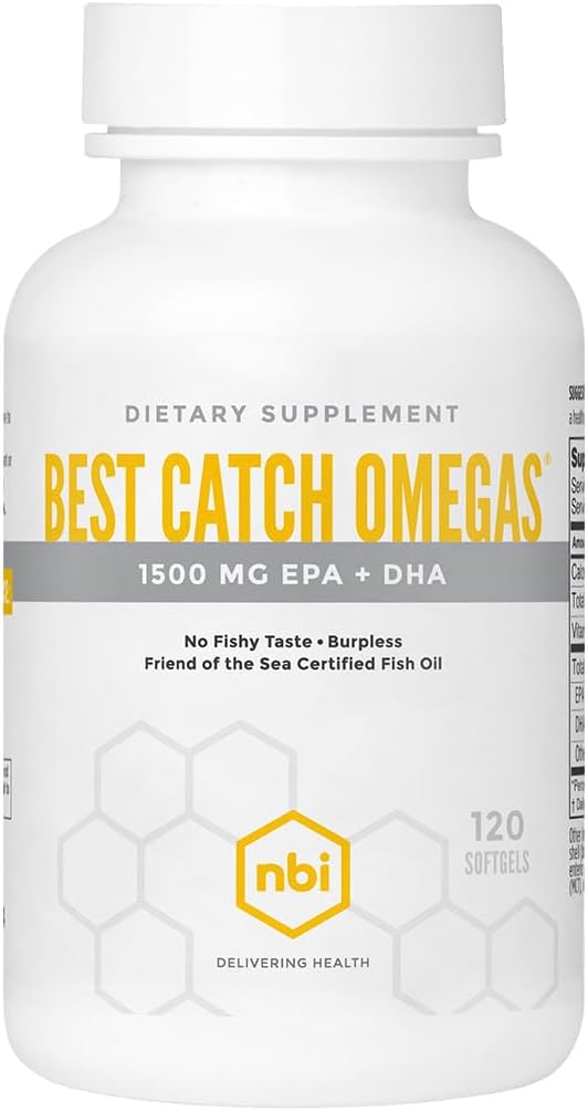 NBI最佳捕捉Omegas高潜力Omega-3 + EPA + DHA 用于心脏,大脑支持 + 最佳吸附 → 可持续来源 → Burpless Formula → 天然柠檬精 → 120软胶囊