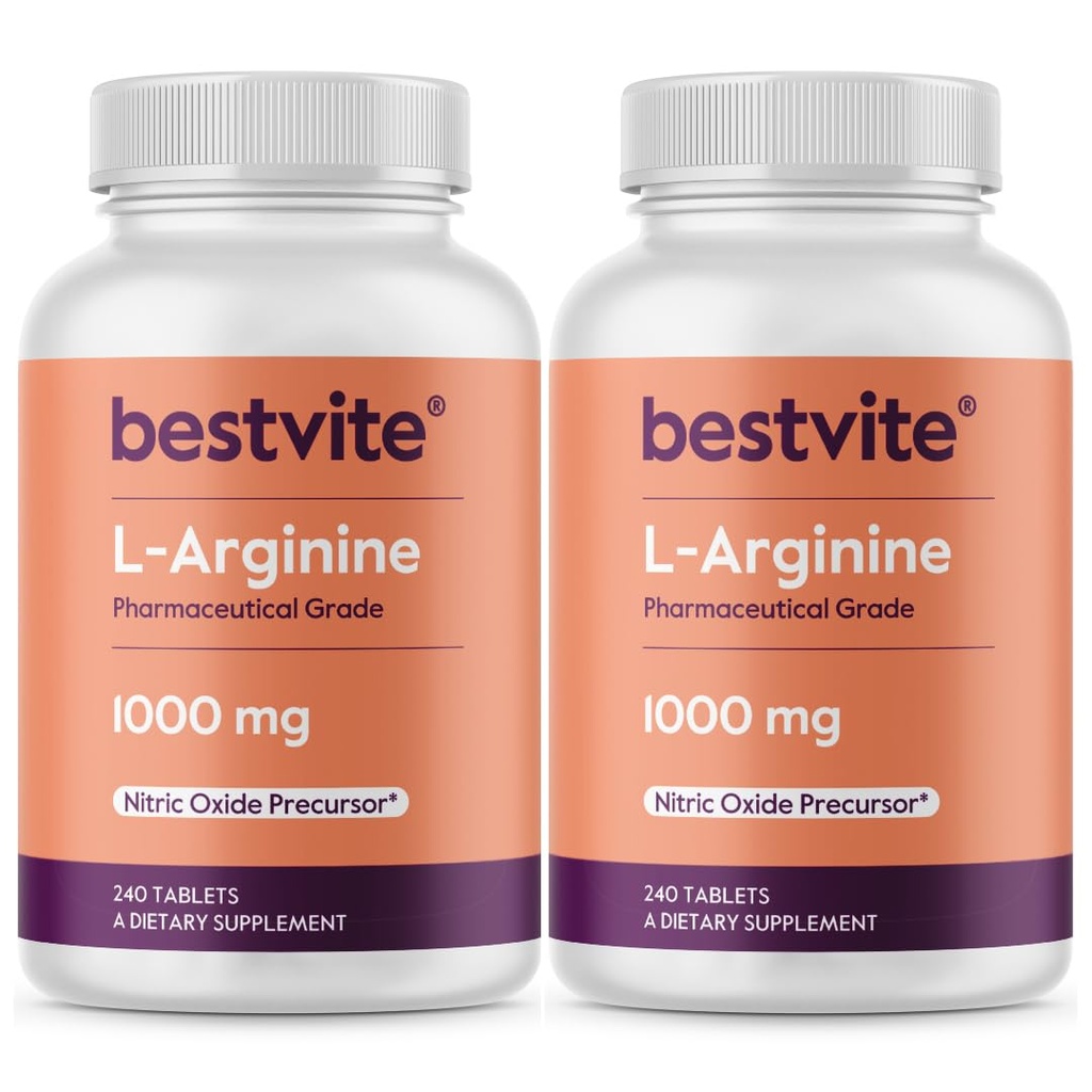 BESTVITE L-Arginine 1000 mg 每块药片(480个药片)(240 x 2) – 药品等级 – 与 Arginine HCl – 硝氧化物前体相比含有20%的纯亚基宁*
