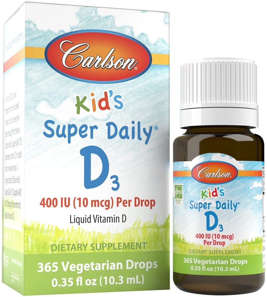 Carlson - Kid's Super D3,儿童维生素D滴滴,每滴400IU,1年供给,心与免疫健康,蔬菜,液体维生素D滴,不味,365滴.