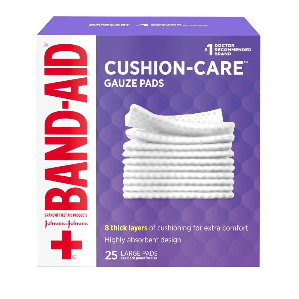 Band-Aid Brand Cushorbent Cushion Care Square Gauze Pades 为小刀、破伤风和烧伤、非破伤风、伤病穿甲板、大型、4英寸×4英寸、25厘米的急救保护