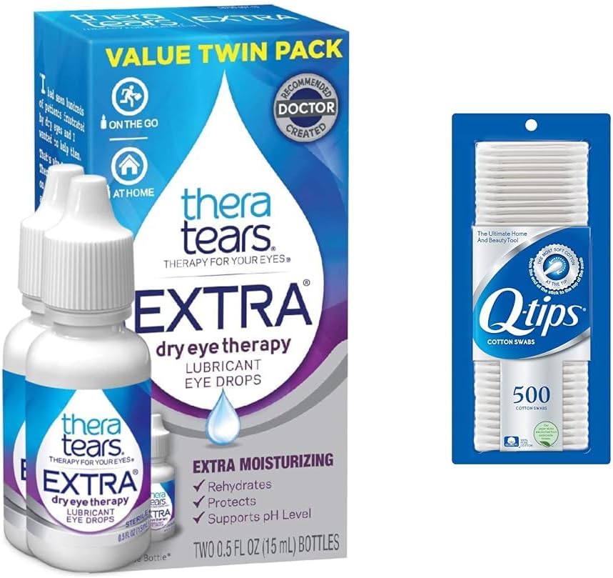 TheraTears Extra Dry Eye Drops 0.5 fl oz 2 计数 Q-Tips 100% 棉纺500 计数