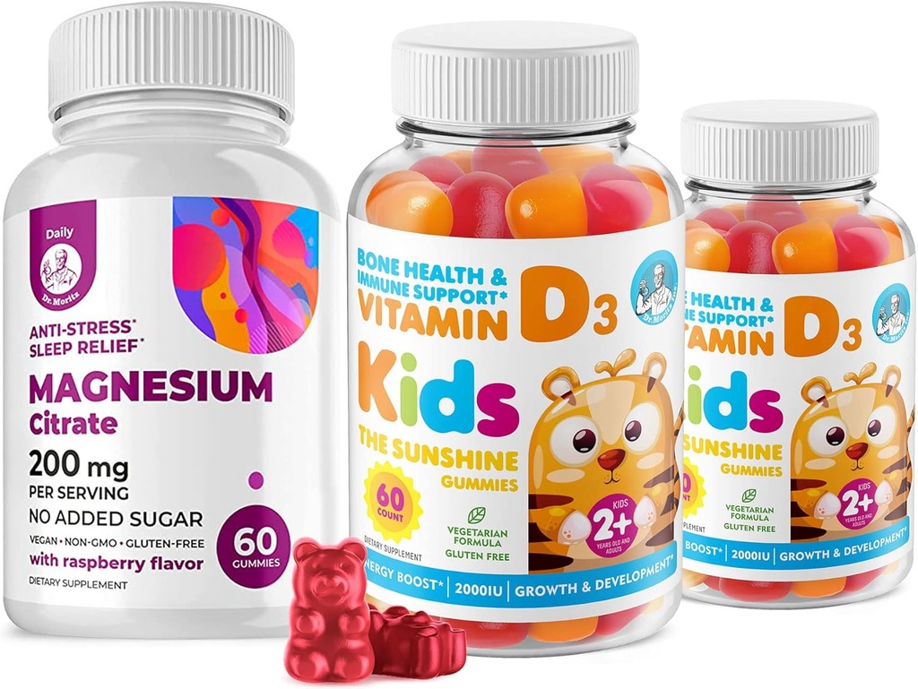儿童与Adults 2000的维生素D Gummys IU和Magnesium Gummys - 健康维生素D3 补充1000IU - 蔬菜革兰-无糖免疫支持 儿童与Adults的无糖镁 Calm Chews