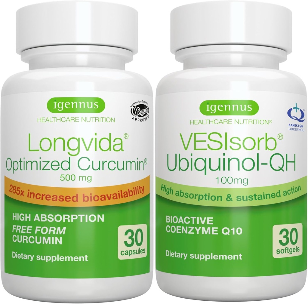 Longvida Curcumin 500mg + VESIsorb Ubiquinol-QH 高级 CoQ10 100mg Bundle, 超生物可用Curcumin 与生物可用和快速作用 Ubiquinol, 作者: Igennus