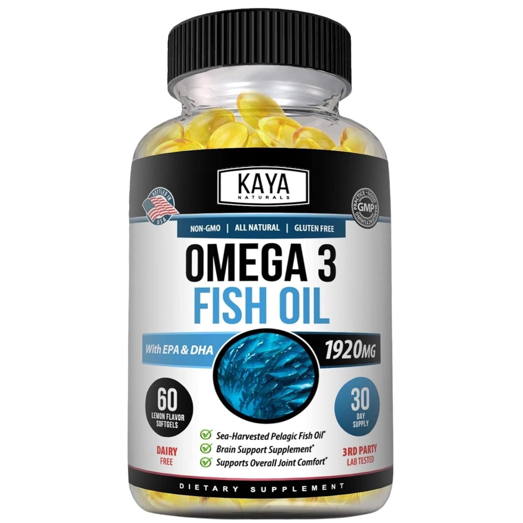 Kaya Naturals Omega 3 补充 - Natural Made Omega 3 鱼油 - 100%纯海蚀 - 无鱼余味的鱼油 - 60 软胶