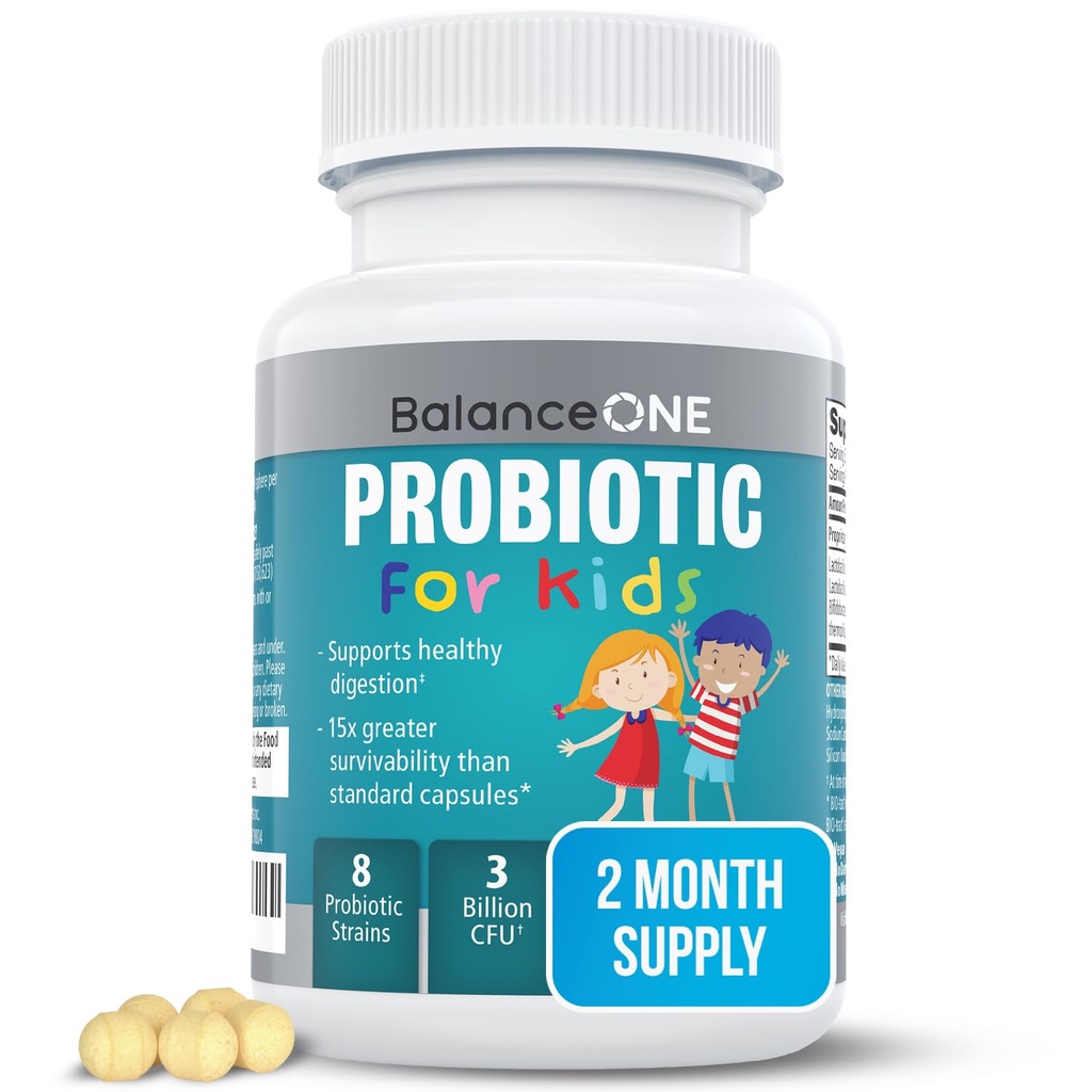 平衡 1 时间释放儿童 Probiotic – 最多15x更好的生存能力 – 3 亿 CMU – Gut & 儿童消化支持 – 免糖,容易吞,两个月供应