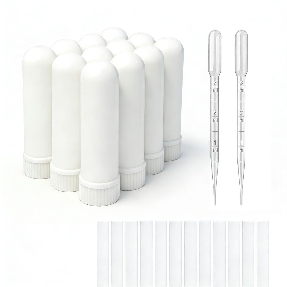 12 Sets 基本石油阿洛马疗法 Tubes Inhaler 棍子 Blank Nasal Inhalers(12 完整棍子) + 2 聚乙烯管道滴水器