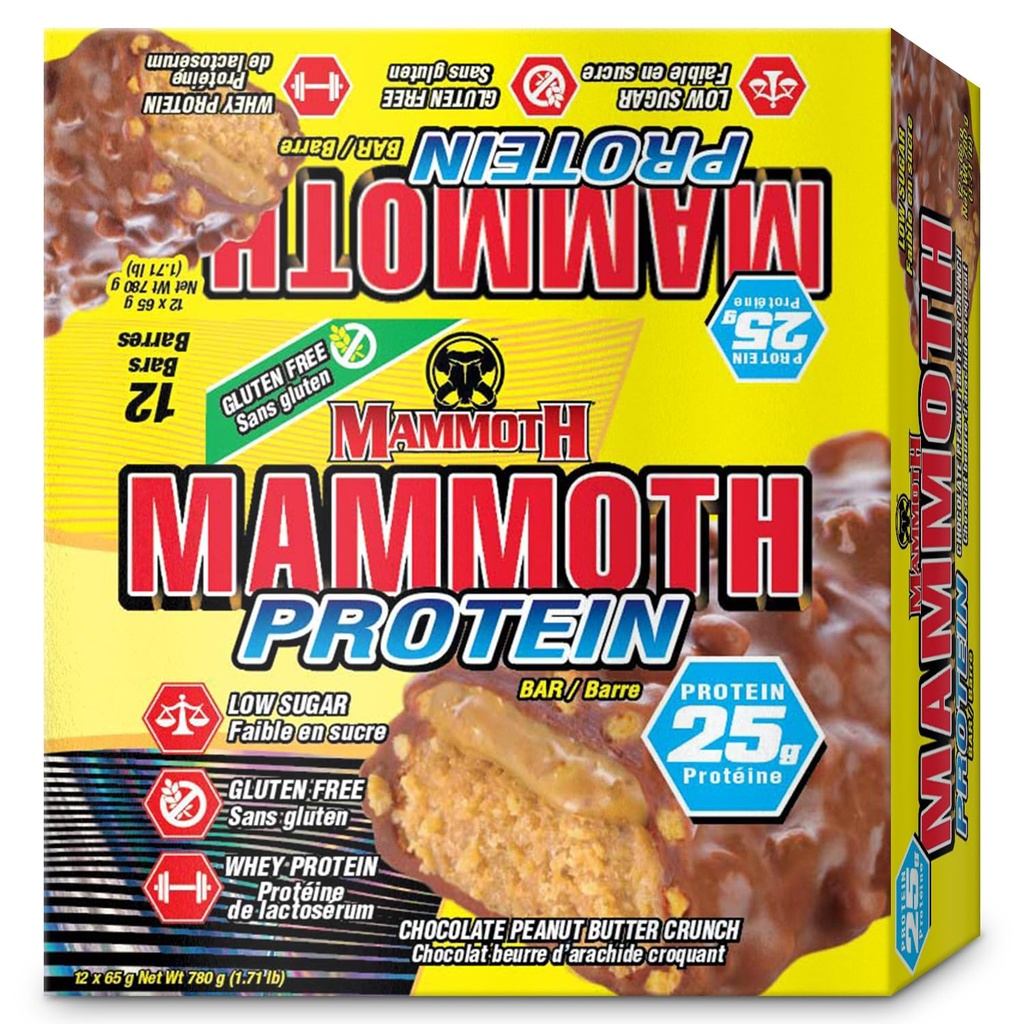 MAMMOTH 蛋白棒,巧克力花生酸奶油Crunch,25g蛋白,低糖,低碳,Gluten Free,12×65g(12个伯爵) (巧克力花生酸奶油Crunch)(12个伯爵,巧克力花生酸奶油Crunch)