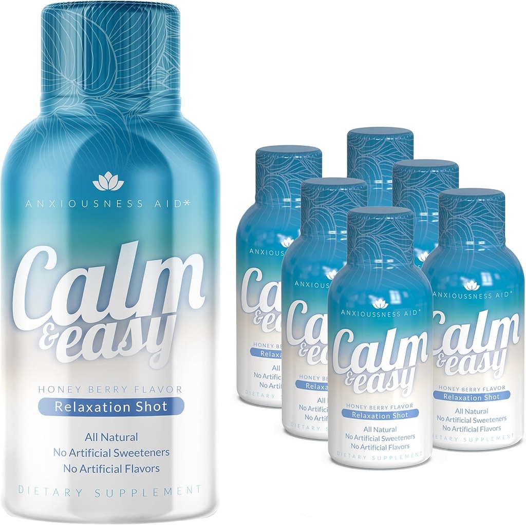 Calm & Easy - Natural Relief Shot, KSM-66 Ashwagandha, Suntheanine L Theanine, 镇定适配体饮品, 放松, 聚焦, 和Mood → 2 oz液瓶( 6 Pack)